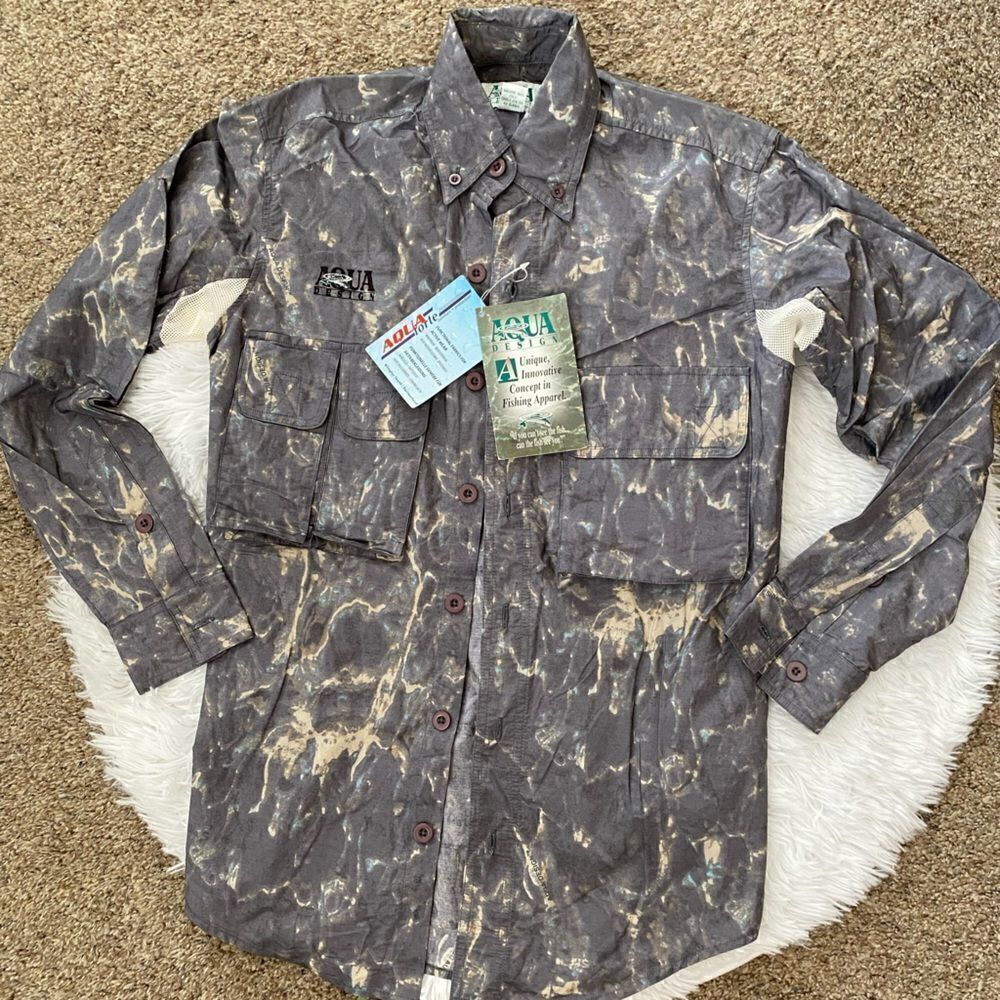Aqua Design Button Front Fishing Shirt Weatherproof Water Resistant Mens Size XS